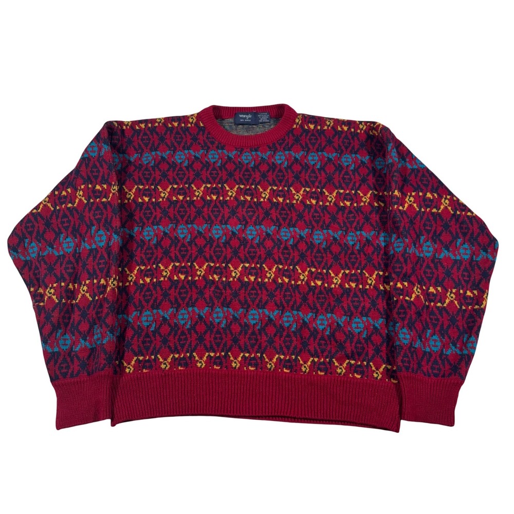Wrangler Sweater Mens Large Red Geometric Southwestern Vintage Knit Pullover